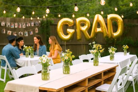 Budget-friendly outdoor graduation party setup with gold GRAD balloons, string lights, mason jar flower centerpieces, pallet table, and photo wall — easy DIY decor ideas perfect for a free grad party in 2025.