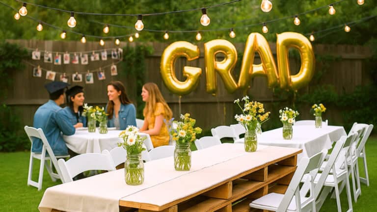 Budget-friendly outdoor graduation party setup with gold GRAD balloons, string lights, mason jar flower centerpieces, pallet table, and photo wall — easy DIY decor ideas perfect for a free grad party in 2025.