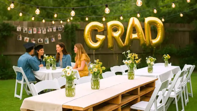 Budget-friendly outdoor graduation party setup with gold GRAD balloons, string lights, mason jar flower centerpieces, pallet table, and photo wall — easy DIY decor ideas perfect for a free grad party in 2025.