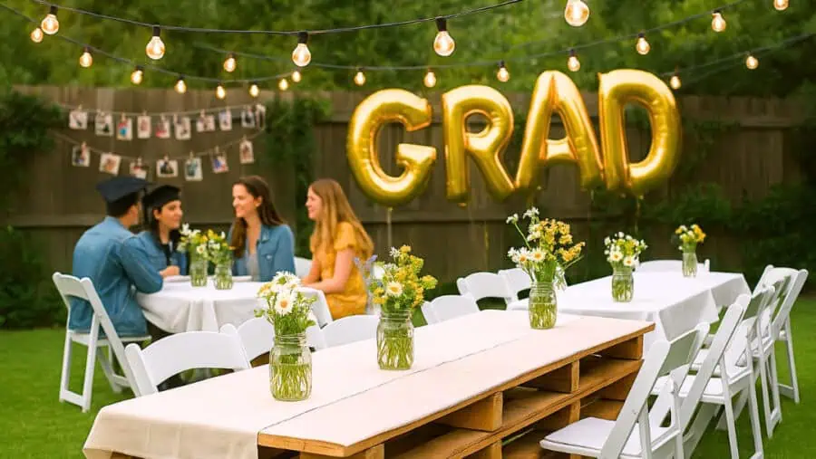 Budget-friendly outdoor graduation party setup with gold GRAD balloons, string lights, mason jar flower centerpieces, pallet table, and photo wall — easy DIY decor ideas perfect for a free grad party in 2025.
