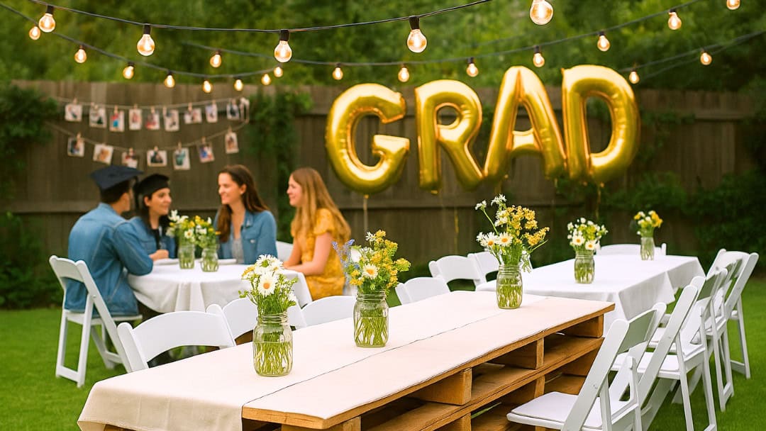 Budget-friendly outdoor graduation party setup with gold GRAD balloons, string lights, mason jar flower centerpieces, pallet table, and photo wall — easy DIY decor ideas perfect for a free grad party in 2025.