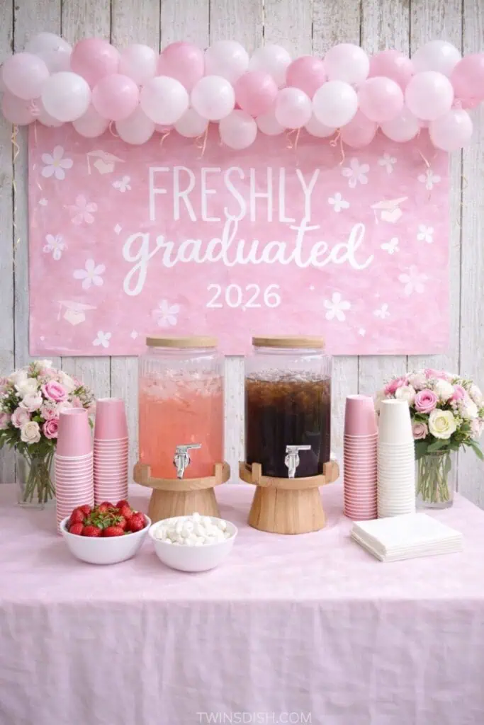 Pink and white graduation drink station with beverage dispensers, balloon garland, and “Freshly Graduated 2026” backdrop set against a wooden fence.