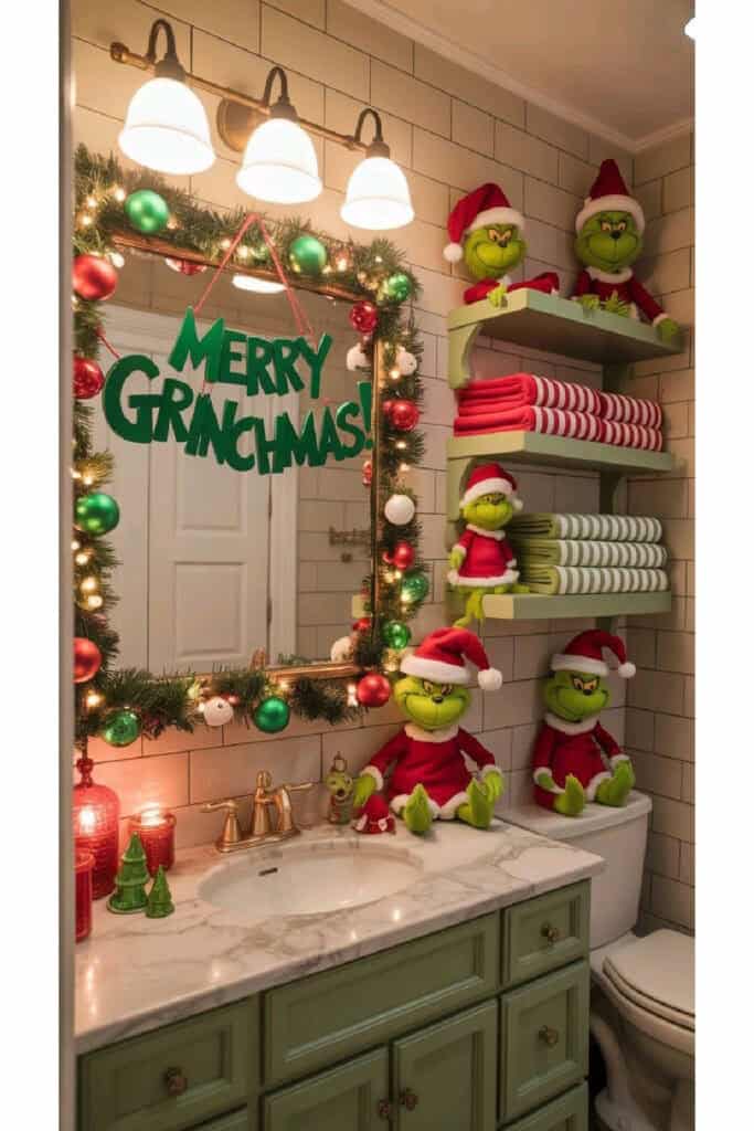 Christmas bathroom decor with a Grinch theme featuring plush Grinch dolls in Santa outfits, red and green striped towels, a mirror framed with garland and ornaments, and a 'Merry Grinchmas' sign. A festive and whimsical holiday decorating idea.
