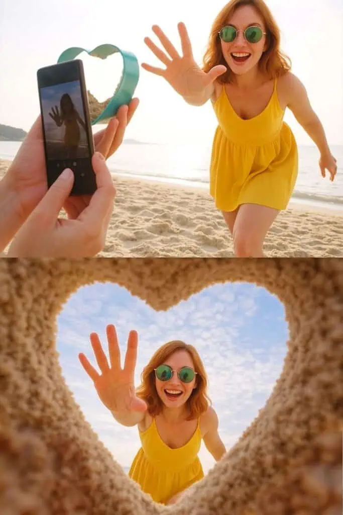 Woman posing through a heart-shaped sand mold on the beach, wearing a yellow sundress and round sunglasses, reaching playfully toward the camera for a fun summer photo idea.