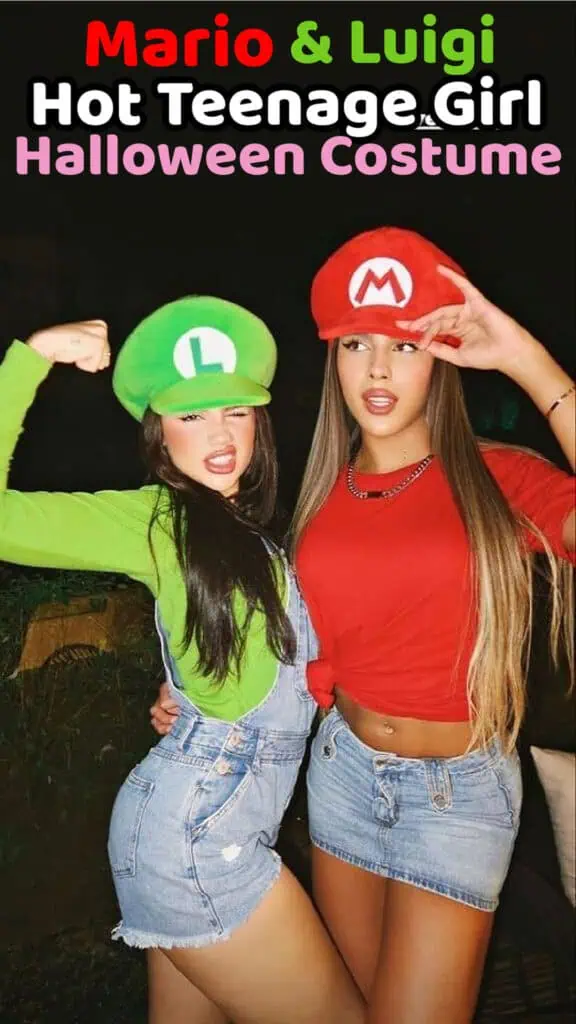 Two teenage girls dressed as Mario and Luigi for Halloween, wearing character hats with red and green tops, styled in denim overalls and a skirt. A fun and trendy BFF costume idea for 2025.