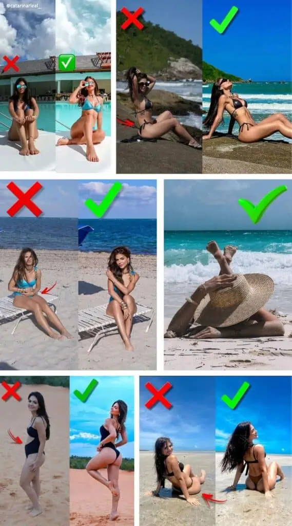 collage of the right and wrong summer picture poses to do for a photo shoot.