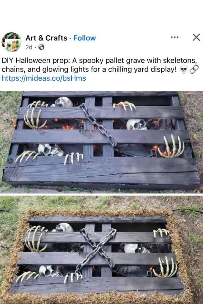 DIY outdoor Halloween decoration made from a wood pallet turned into a spooky grave. Features skeleton skulls and hands reaching out, black chains, and glowing orange lights for a creepy yard display.