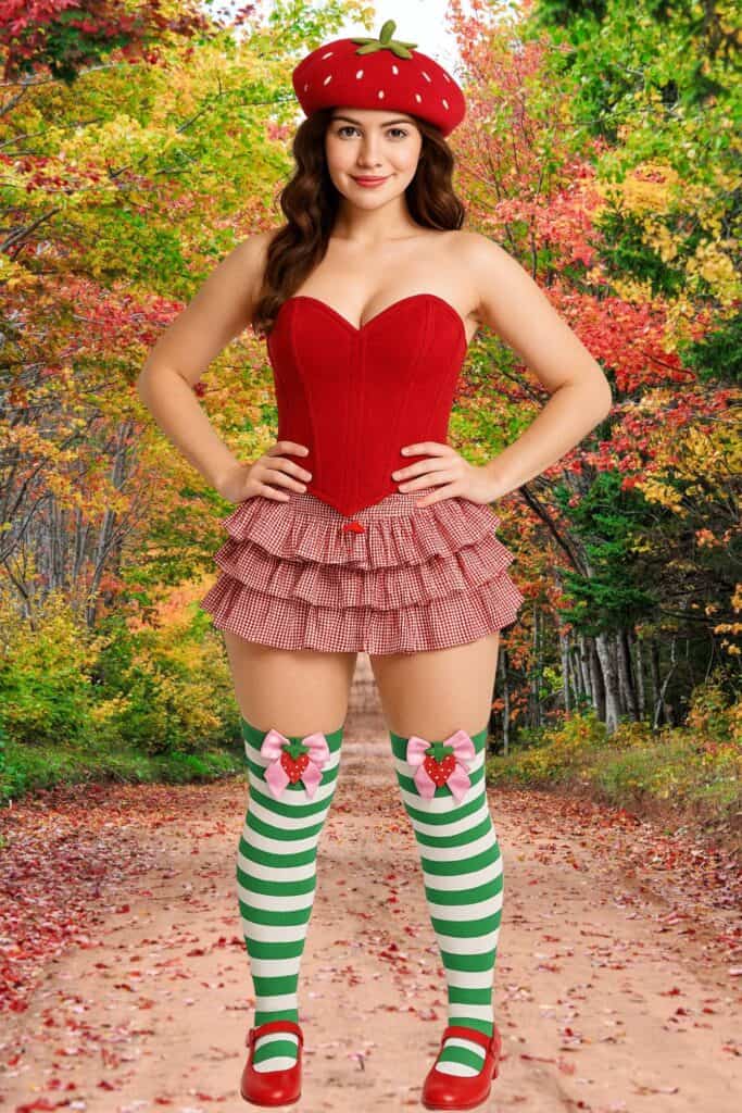 Woman in a Strawberry Shortcake costume—strawberry beret, strapless red corset, tiered red‑gingham ruffle mini skirt, green‑white striped thigh‑high socks with pink bows, and red Mary Jane shoes standing on a leafy fall path.