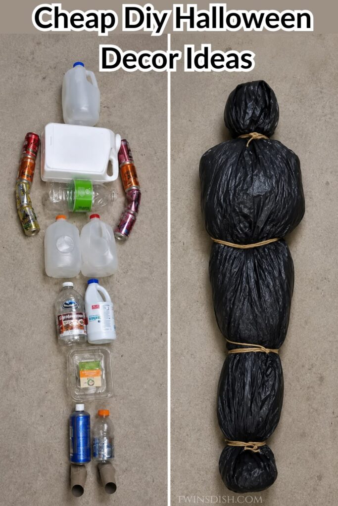 Cheap DIY Halloween decoration made from recycled plastic bottles, containers, and cans wrapped in black plastic to create a spooky body bag prop.