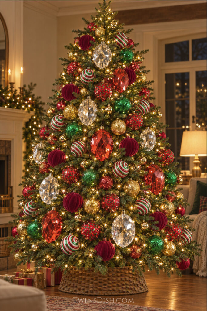 Christmas tree decorated with red, green, gold and crystal ornaments, warm white lights and a woven tree collar.