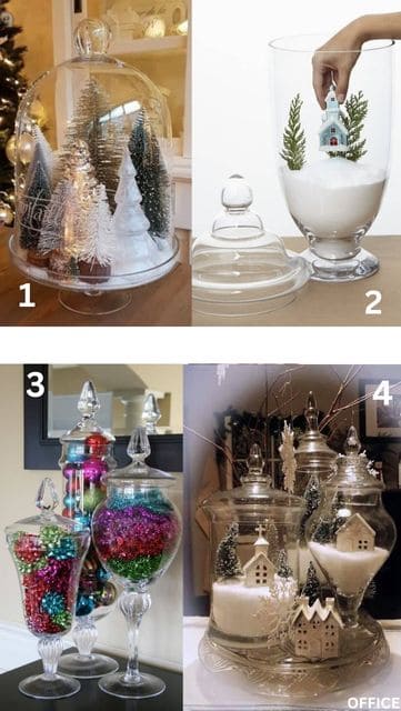 Glass apothecary jars filled with colorful bows, mini Christmas trees, and snowy winter scenes for festive DIY holiday decor.