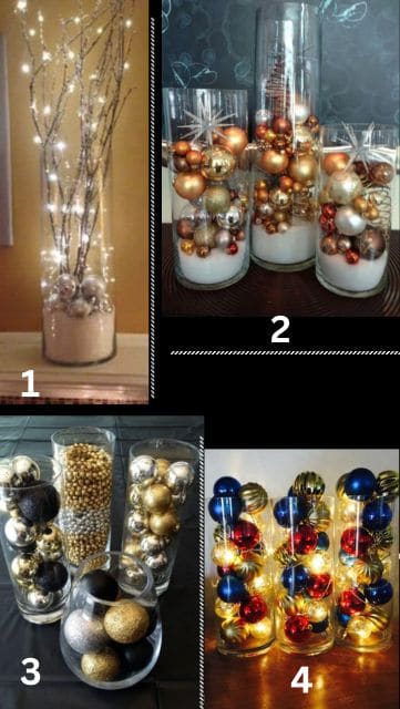 Three DIY Christmas vase centerpieces made with clear glass vases filled with metallic ornaments, faux snow, glitter branches, and warm fairy lights. Includes black, gold, silver, and copper Christmas ornament filler ideas for easy holiday decorating.”