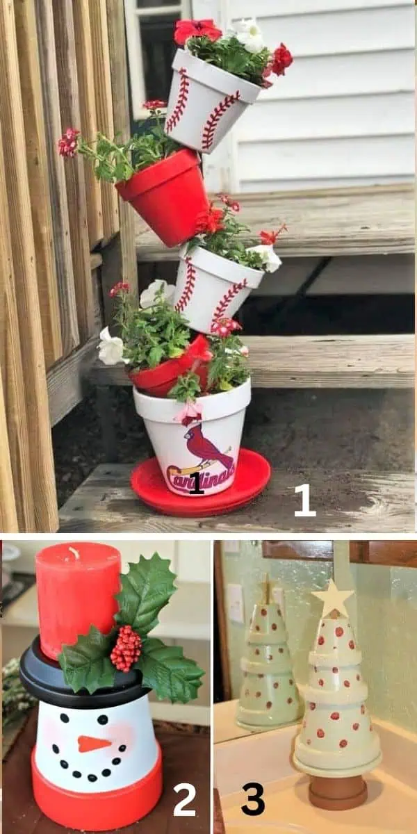 Three creative clay pot DIYs: a Christmas tree craft made with stacked painted pots topped with a star, a snowman candle holder decorated with holly and berries, and a whimsical tilted flower planter painted with baseball stitching and a Cardinals logo—perfect for holiday and year-round porch decor.
