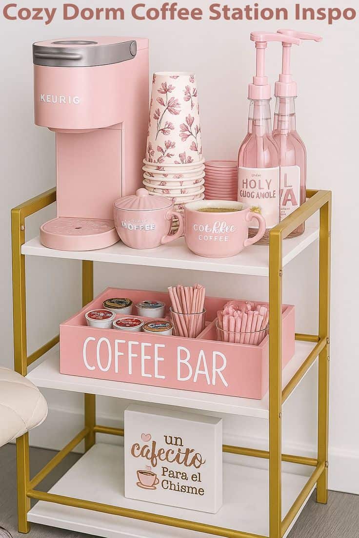 Blush pink dorm room coffee bar cart setup featuring a mini Keurig, mugs, syrup bottles, and organized K-cup storage; cozy and stylish drink station idea for college dorm decor.