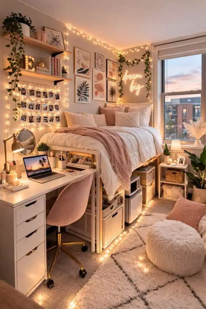 Cozy pink dorm room with fairy lights, loft bed, white desk, photo wall, neon sign, and aesthetic feminine decor ideas for small spaces.