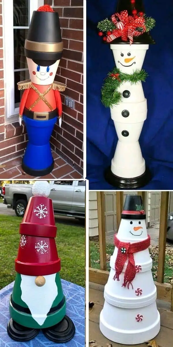 Festive DIY Christmas decorations made from terra cotta clay pots including a toy soldier nutcracker, snowmen, and a holiday gnome – perfect handmade porch or indoor holiday craft ideas.