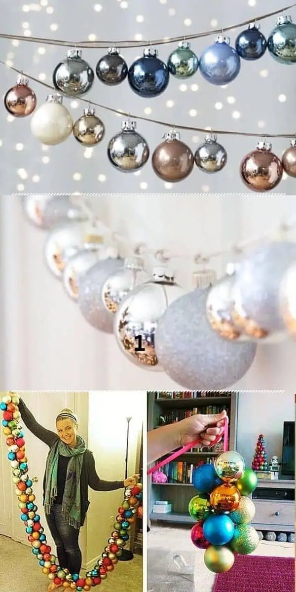 Colorful and metallic DIY Christmas ornament garland ideas made from baubles in bright, silver, and neutral tones, perfect for festive home decorating.