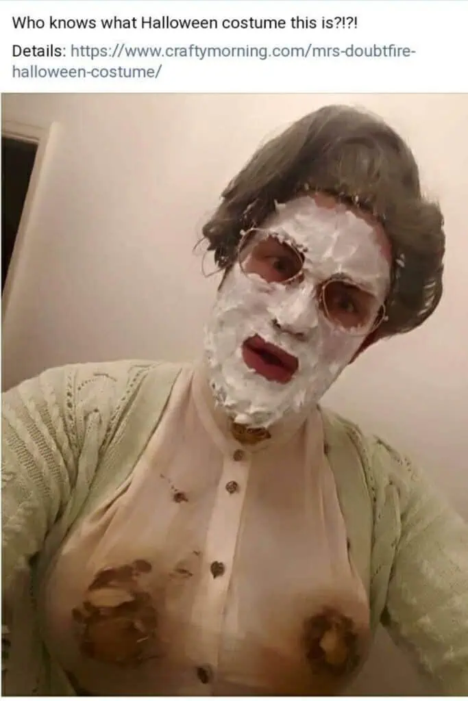 DIY funny Halloween costume inspired by Mrs. Doubtfire’s whipped cream mask scene, with glasses, cardigan, and face covered in foam