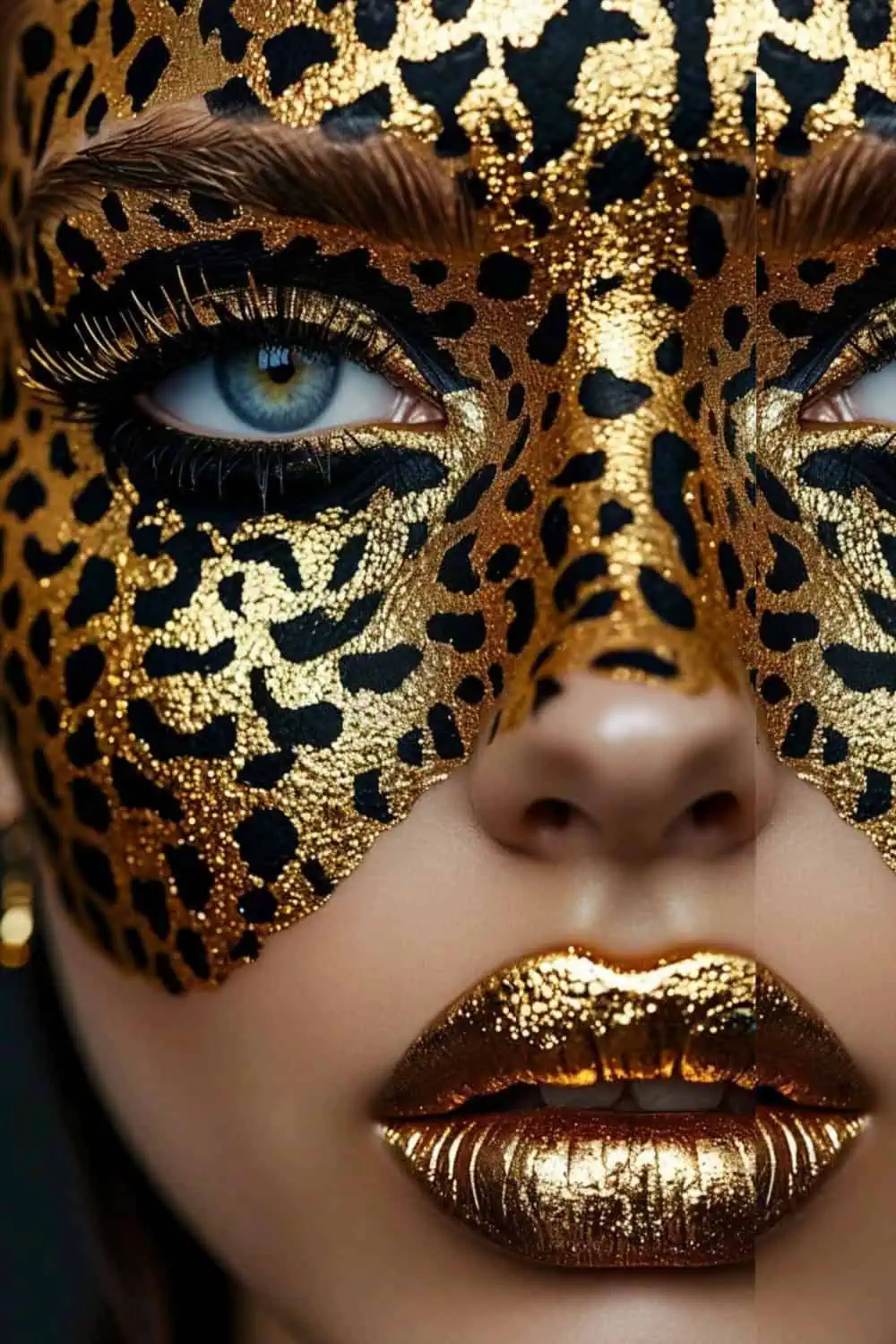 Close-up of leopard cat Halloween makeup with gold foil face design, black leopard spots, bold eyeliner, and metallic gold lipstick.