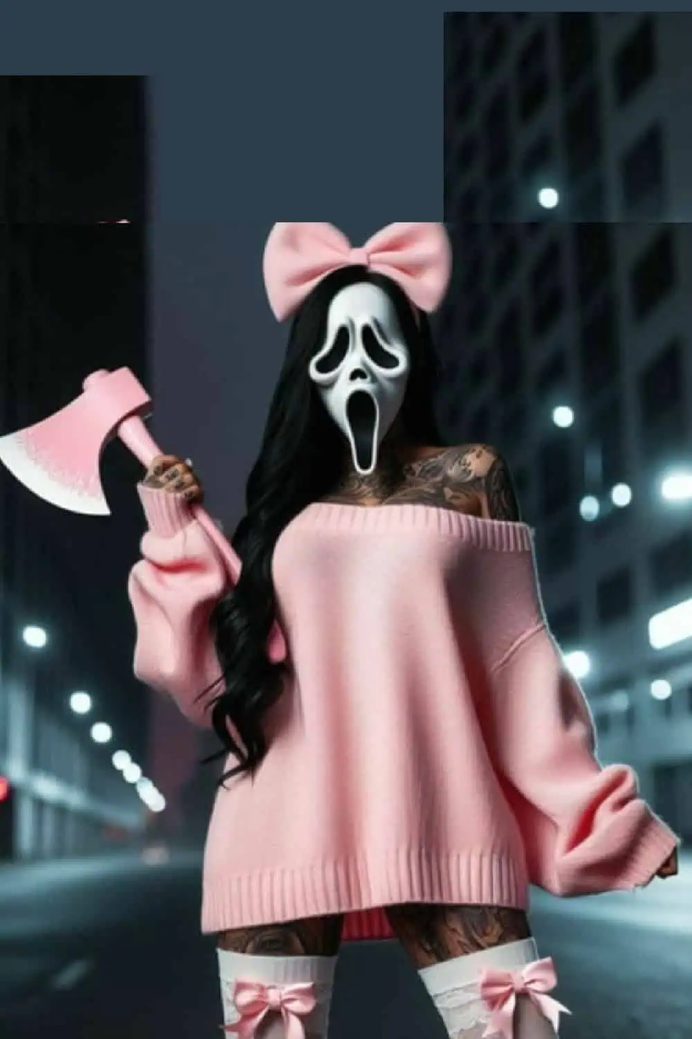 Woman in a pink oversized sweater with a pink bow and Scream mask holding a pink axe, styled as a cute and scary DIY Halloween costume idea.