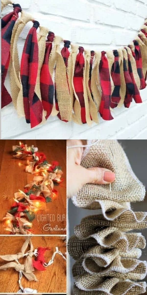 DIY rustic burlap Christmas garlands including ruffled burlap, buffalo check fabric strips, and lighted ribbon garlands. Perfect handmade holiday decor ideas for stairs, mantels, or windows.