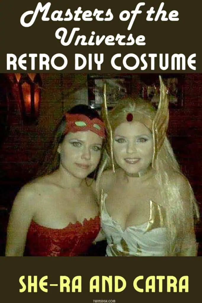 Two women dressed in retro DIY She-Ra and Catra Halloween costumes inspired by Masters of the Universe.
