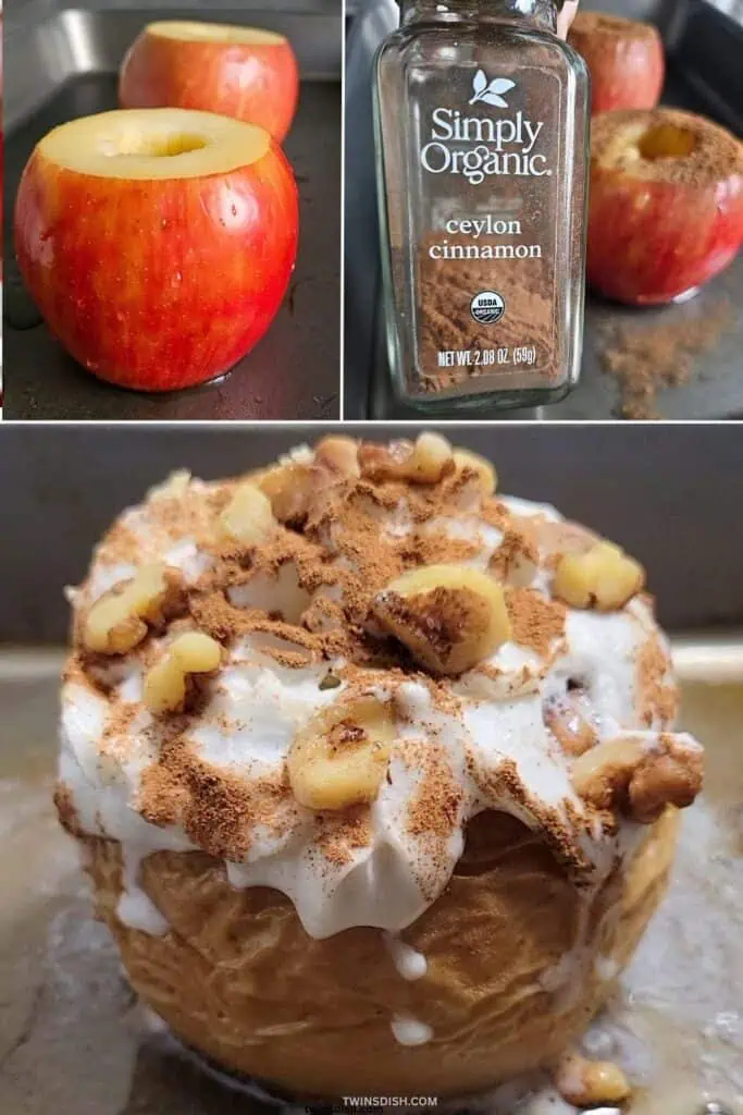 Easy baked apple dessert made with cored red apples and cinnamon, topped with whipped cream, chopped walnuts, and an extra sprinkle of cinnamon.