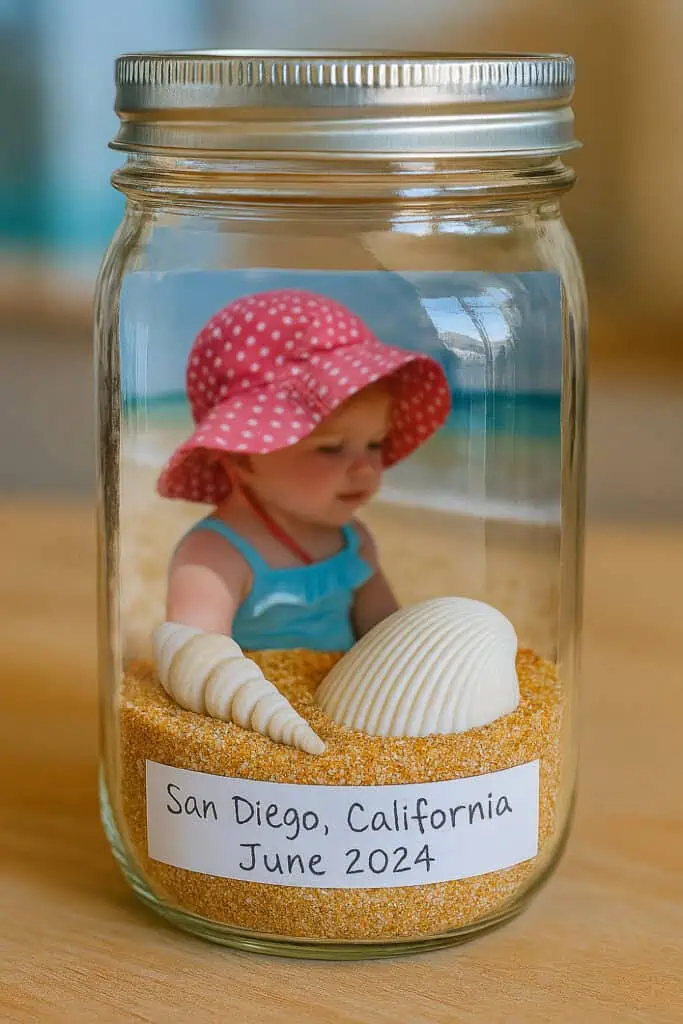 DIY beach memory jar craft featuring a photo of a toddler at the beach, with sand and seashells inside a mason jar labeled “San Diego, California June 2024.”