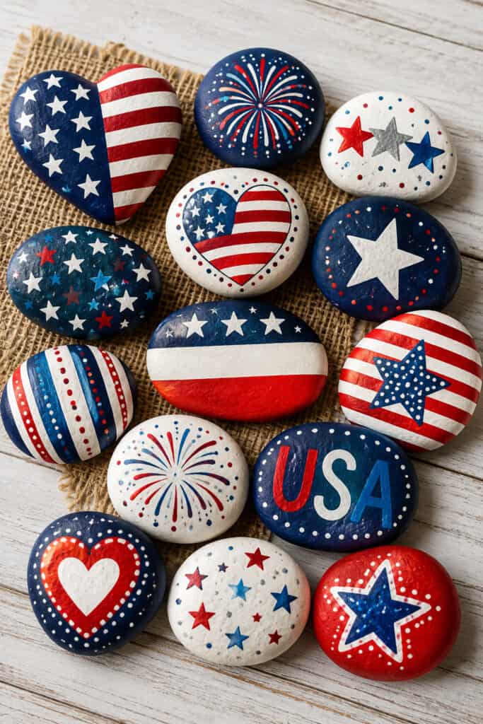 Hand-painted patriotic rocks with red, white, and blue stars, stripes, hearts, fireworks, and USA designs for easy 4th of July craft ideas.