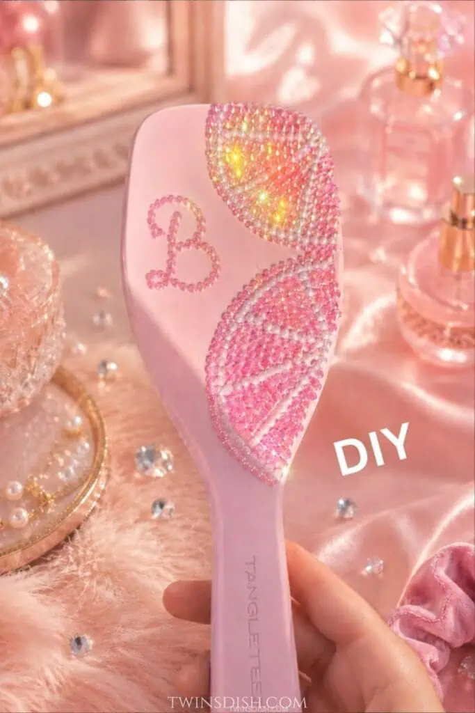 Pink hair brush decorated with rhinestones and pearl beads in a sparkling B initial letter design.