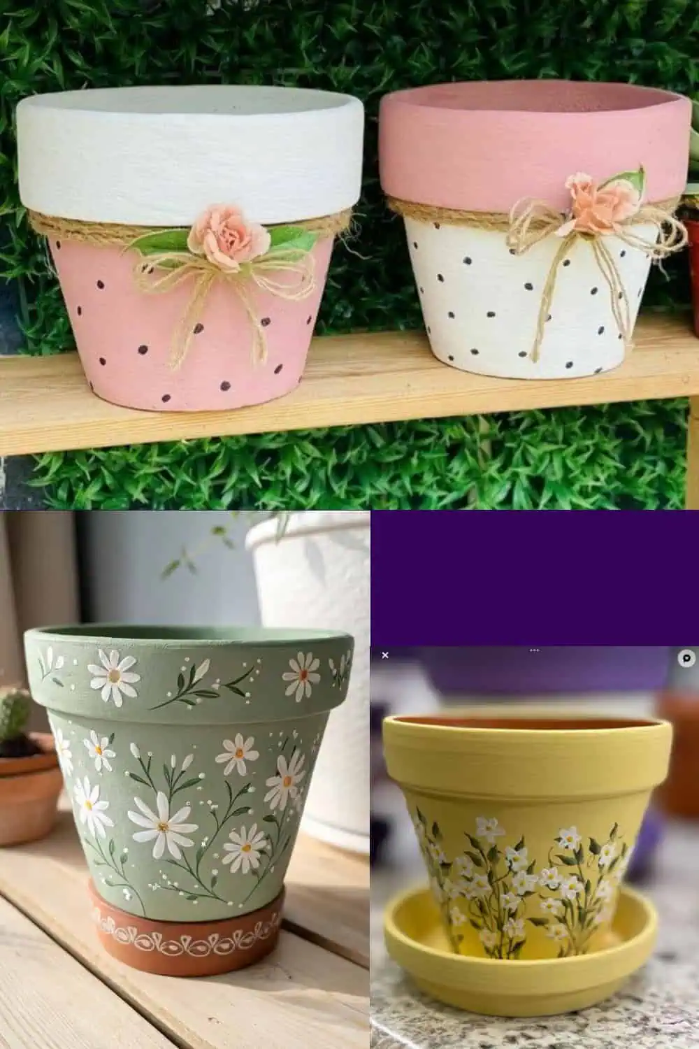 A collage of four hand-painted terracotta flower pots featuring summer designs: two pastel pots with polka dots, jute bows, and faux flowers; one sage green pot with white daisy patterns; and one yellow pot with delicate white floral artwork. These DIY decorated pots are displayed as cute and creative summer craft ideas.