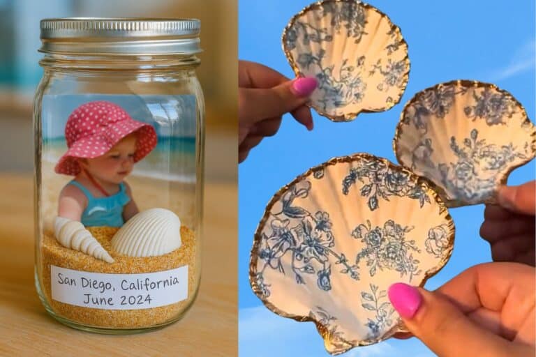 Beach photo memory jar and Decoupage seashell jewelry dishes - summer crafts for kids and adults