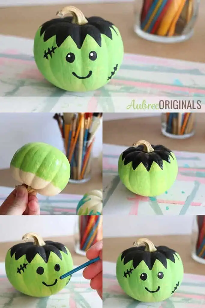 Step-by-step tutorial for painting a mini pumpkin like Frankenstein with green paint, black hair, and a cute smiling face.
