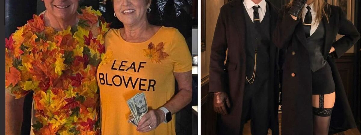 Couples Halloween costume ideas featuring a funny leaf blower costume and a Peaky Blinders-inspired costume.