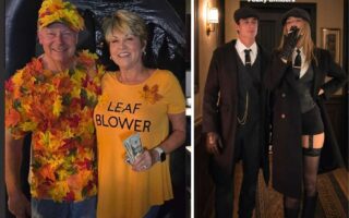 Couples Halloween costume ideas featuring a funny leaf blower costume and a Peaky Blinders-inspired costume.