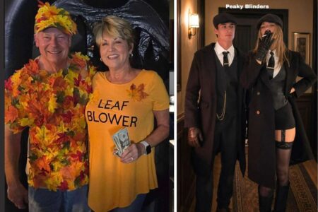 Couples Halloween costume ideas featuring a funny leaf blower costume and a Peaky Blinders-inspired costume.