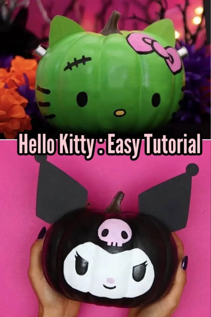 Painted Halloween pumpkins inspired by Hello Kitty and Kuromi characters — a green Frankenstein-style Hello Kitty pumpkin with a pink bow and a black Kuromi pumpkin with pink skull details, shown in a colorful Halloween craft setup.