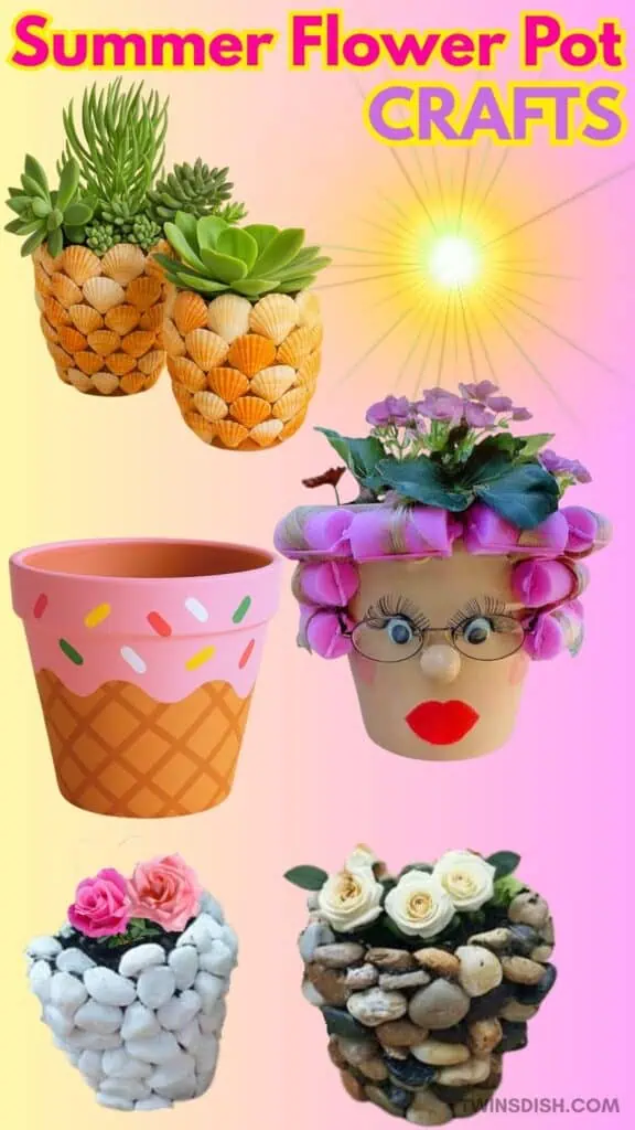 Collage of Summer Flower Pot Crafts: seashell flower pot, clothespins flower pot, stones flower pot, and clothespins flowerpot
