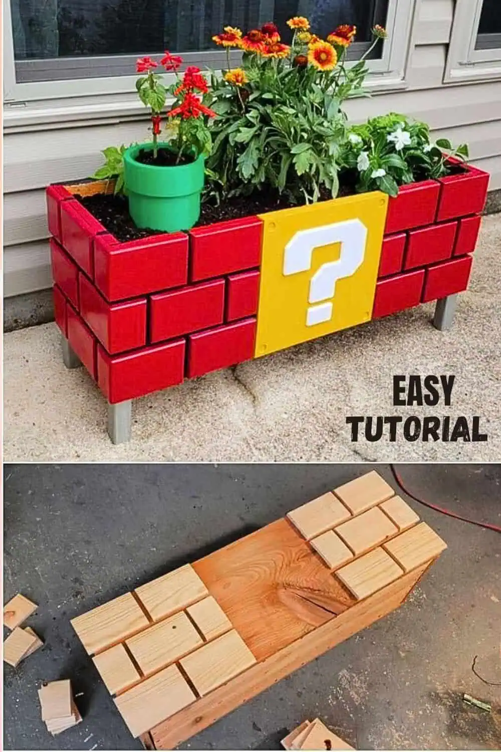 DIY Super Mario inspired planter box made from painted wood blocks styled like brick blocks with a yellow question mark centerpiece, filled with bright summer flowers and a green “warp pipe” planter, displayed outside a house.