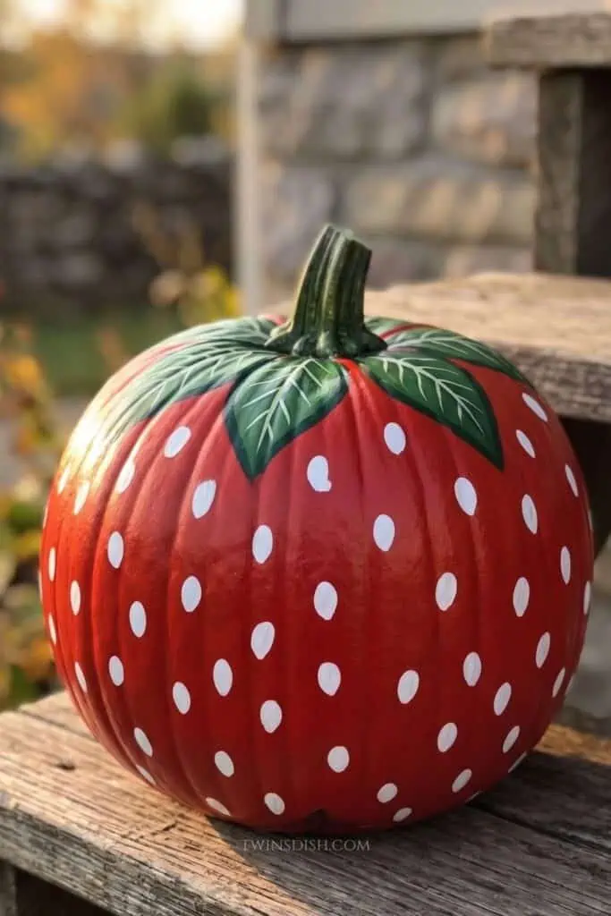 Cute strawberry pumpkin painting idea with red paint, white seeds, and green leaves for easy no-carve fall decor.