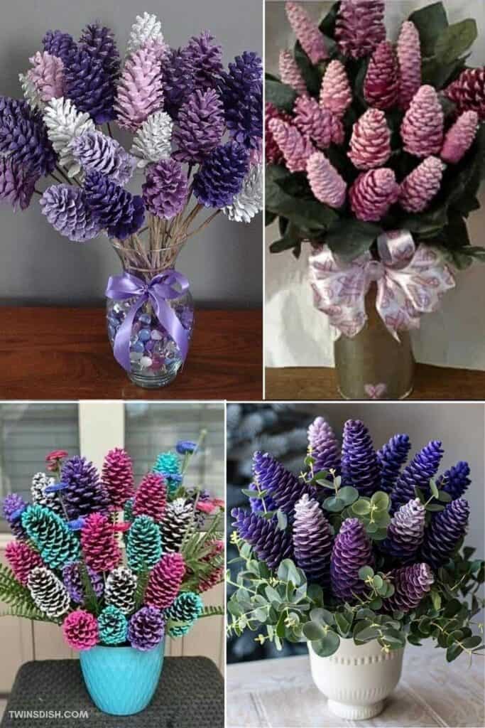 Collage of four DIY pinecone flower arrangements painted in lilac, lavender, and bright colors to look like real flowers. Each bouquet is styled in a vase with ribbon, greenery, or eucalyptus, showcasing a creative and realistic summer craft idea.