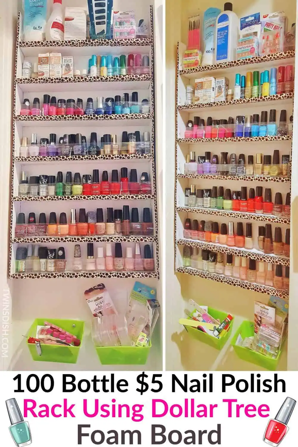Side-by-side view of a DIY nail polish rack made with Dollar Tree foam board and leopard-print duct tape, holding over 100 nail polish bottles and nail care products. Budget-friendly summer craft and organizing solution.