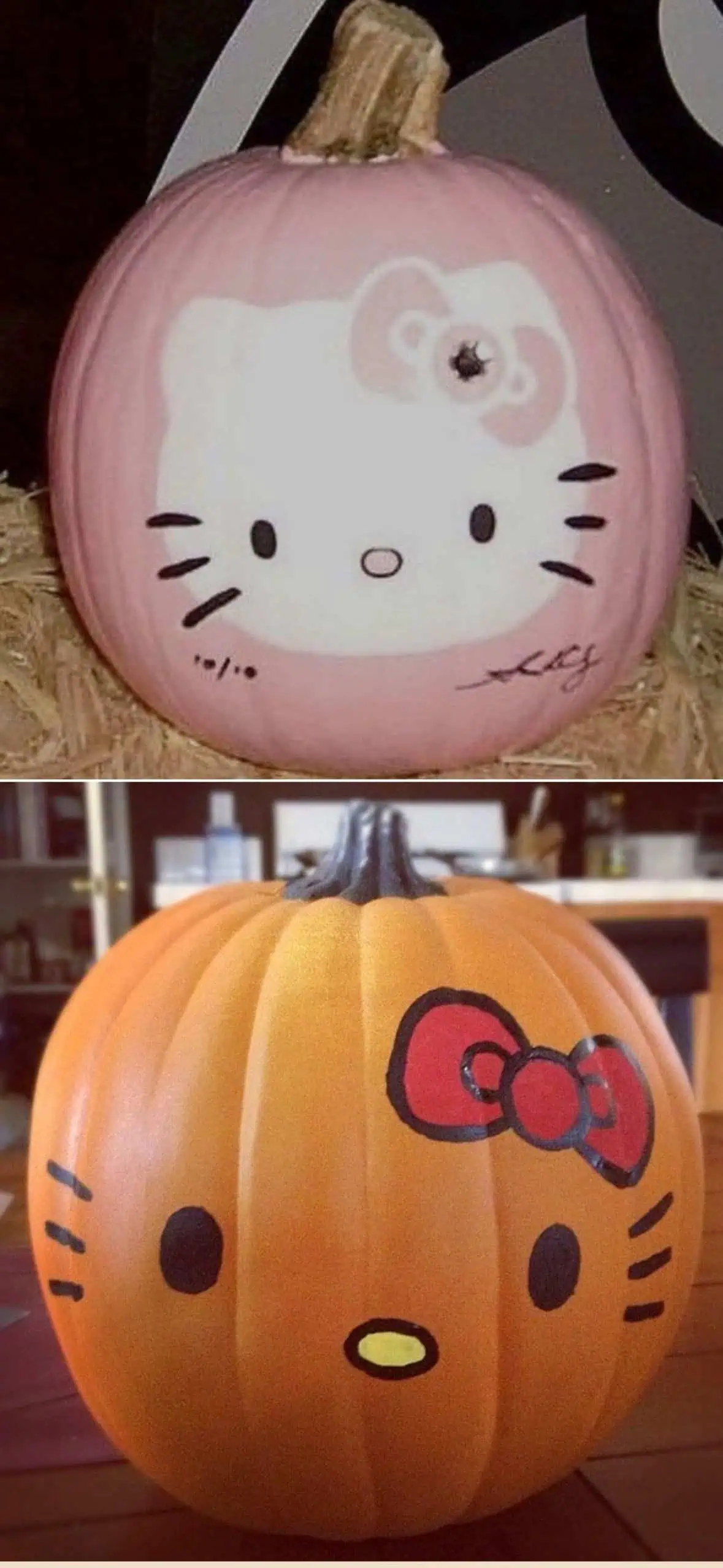Two painted pumpkins decorated as Hello Kitty characters—one pink with a white face design and one orange with whiskers and a red bow. Easy no-carve pumpkin painting idea.