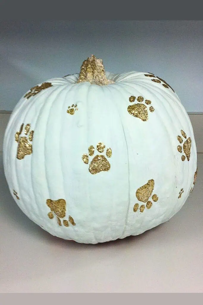 White no-carve pumpkin decorated with gold glitter dog paw prints, a pet-friendly and elegant pumpkin painting idea for Halloween or fall decor.