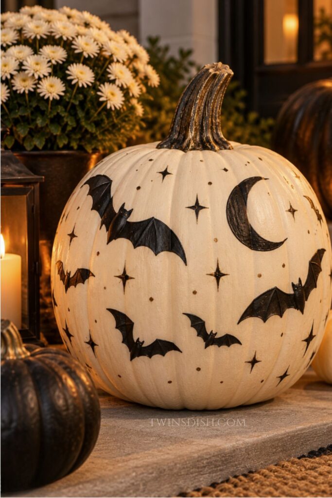 Easy Halloween pumpkin painting idea featuring a white pumpkin decorated with black bats, a crescent moon, and tiny stars. Cute no-carve pumpkin decorating idea displayed on a cozy Halloween front porch.