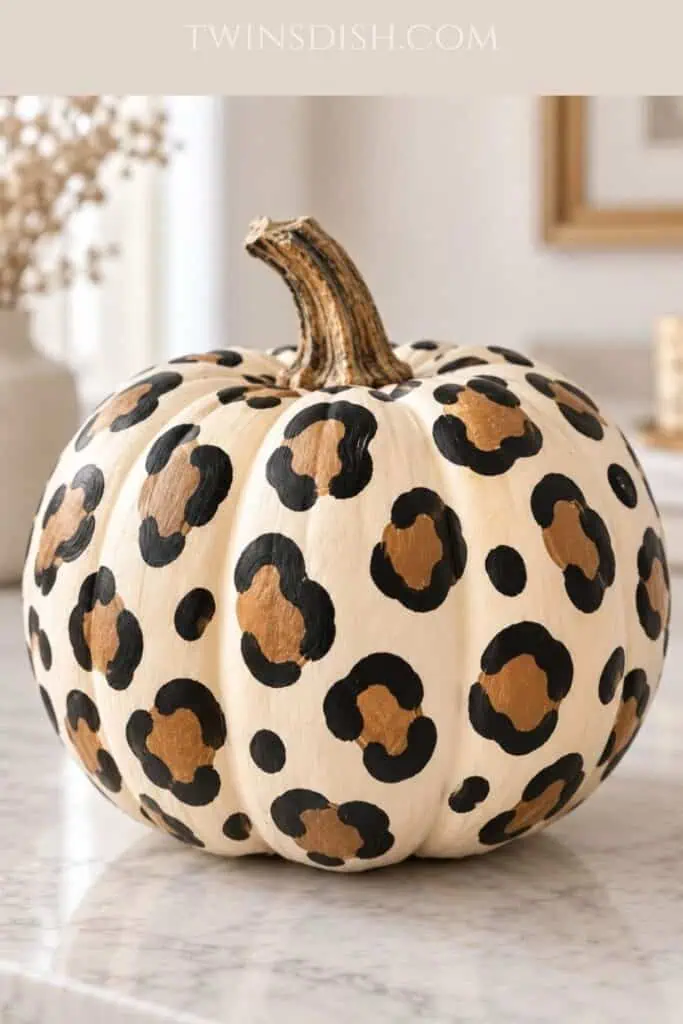 White painted pumpkin with black and gold leopard spots for a chic DIY fall decor idea.