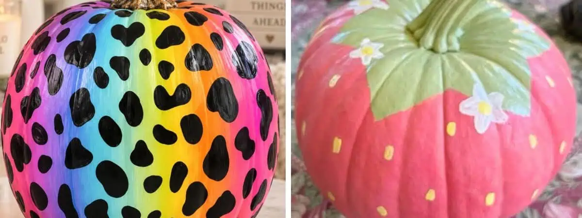 Painted pumpkin ideas featuring a colorful rainbow leopard-print pumpkin and a pink strawberry-inspired pumpkin with green leaves and white flowers.