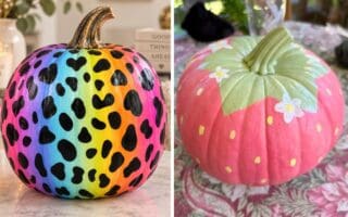 Painted pumpkin ideas featuring a colorful rainbow leopard-print pumpkin and a pink strawberry-inspired pumpkin with green leaves and white flowers.