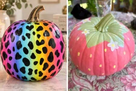Painted pumpkin ideas featuring a colorful rainbow leopard-print pumpkin and a pink strawberry-inspired pumpkin with green leaves and white flowers.