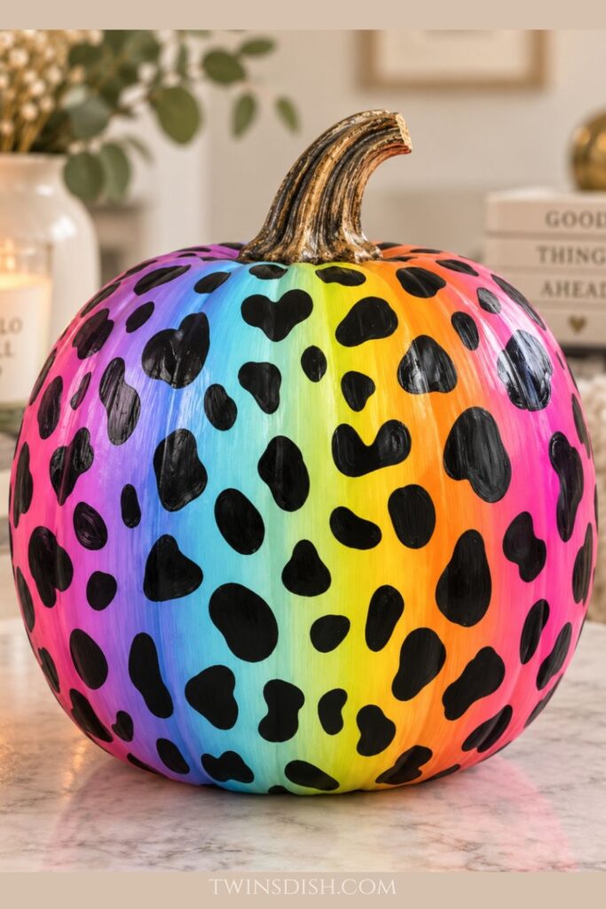 Rainbow leopard print painted pumpkin with bright pink, blue, yellow, orange, and purple colors and black animal spots.